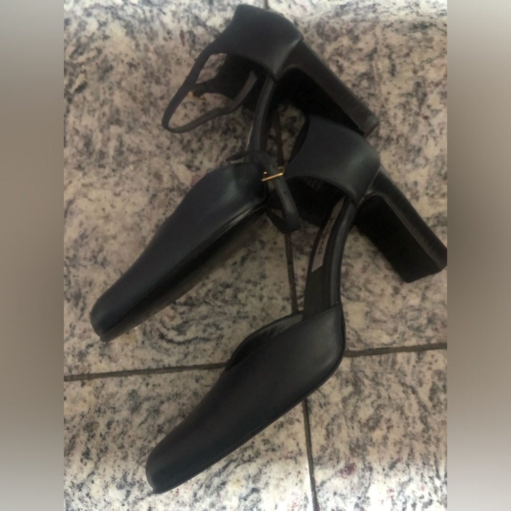 Blue ankle strap block heel shoe